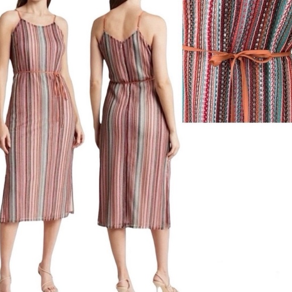 Sam Edelman Macrame Stripe Midi Dress Tie Waist 12 Red Boho Vacation Crochet - Picture 1 of 15